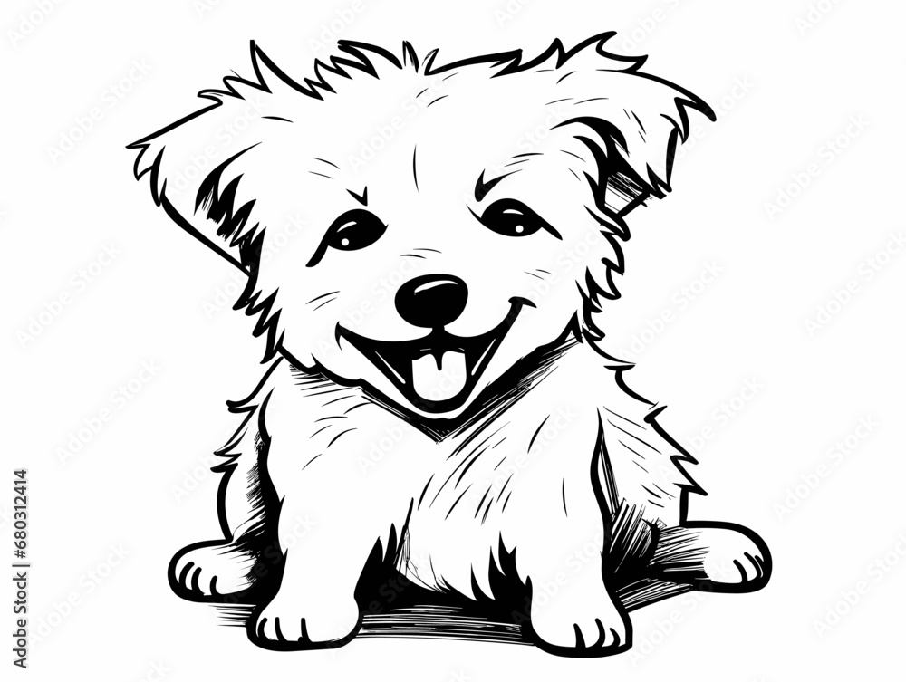 A Black And White Drawing Of A Dog - White puppy with smiling face in white background A Black And White Drawing Of A Dog - White puppy with smiling face in white background