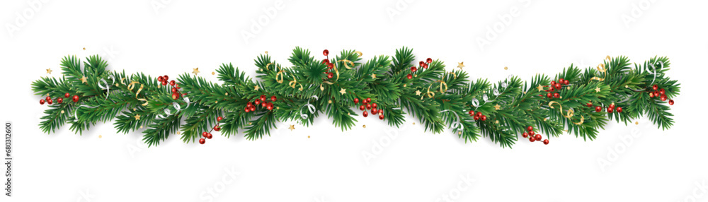 Christmas tree garland isolated on transparent background. Realistic pine tree branches with holly berry decoration. Vector border for holiday banners, party posters, cards, headers.