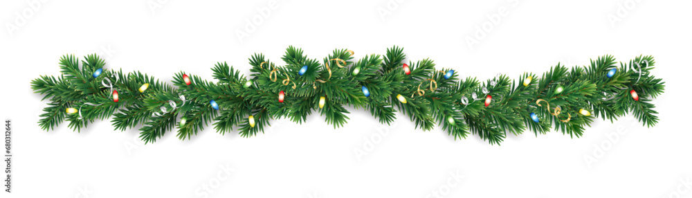 Christmas tree garland isolated on trasparent background. Realistic pine tree branches with colourful Christmas lights decoration. Vector border for holiday banners, posters, cards. Christmas tree garland isolated on trasparent background. Realistic pine tree branches with colourful Christmas lights decoration. Vector border for holiday banners, posters, cards.