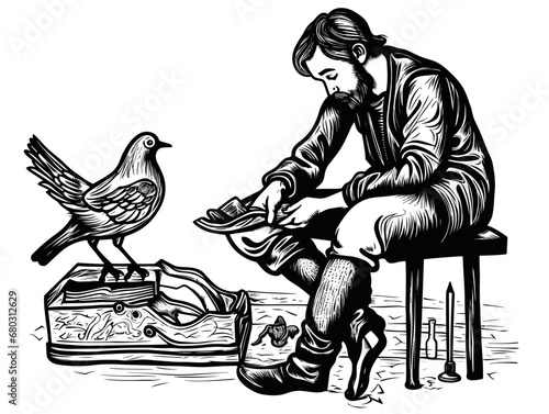 A Man Sitting On A Chair Putting On A Hat - woodcut of a dove and a shoemaker.