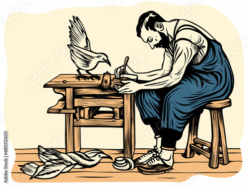A Man Working On A Woodworking Machine - woodcut of a dove and a shoemaker.