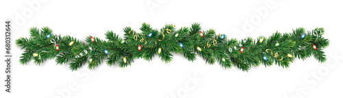 Christmas tree garland isolated on trasparent background. Realistic pine tree branches with colourful Christmas lights decoration. Vector border for holiday banners, posters, cards.