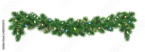 Christmas tree garland isolated on trasparent background. Realistic pine tree branches with colourful Christmas lights decoration. Vector border for holiday banners, posters, cards. photo