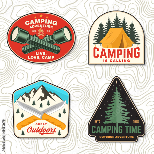 Set of camping patch, sticker. Outdoor adventure vector badge design. Vintage typography design with camping flashlight, tent, knives, mountain and forest silhouette.