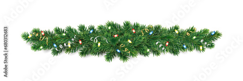 Christmas tree garland isolated on trasparent background. Realistic pine tree branches with colourful Christmas lights decoration. Vector border for holiday banners, posters, cards.