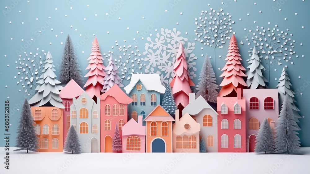 greeting card, pastele colors, abstract christmas winter fairytale with trees and houses, in the style of paper sculpture