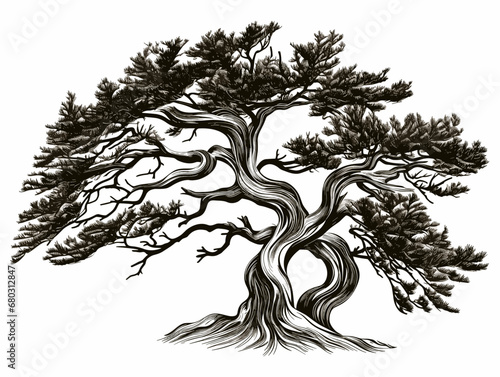 A Black And White Tree - woodcut of a Juniper bush.