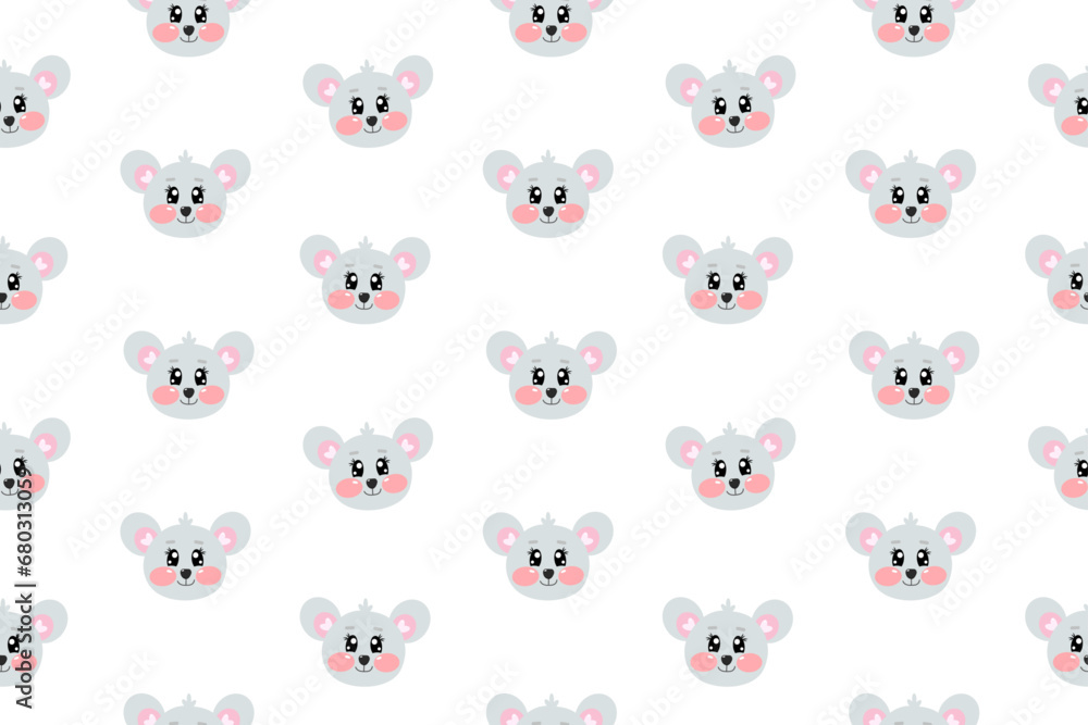 Seamless pattern with cartoon vector kawaii little cute mouse face or head for kids, baby, children nursery, fabrics. Vector wallpaper illustration Seamless pattern with cartoon vector kawaii little cute mouse face or head for kids, baby, children nursery, fabrics. Vector wallpaper illustration