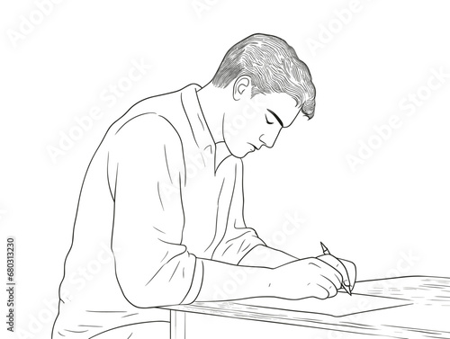 A Man Writing On A Piece Of Paper - Young Student bored at work