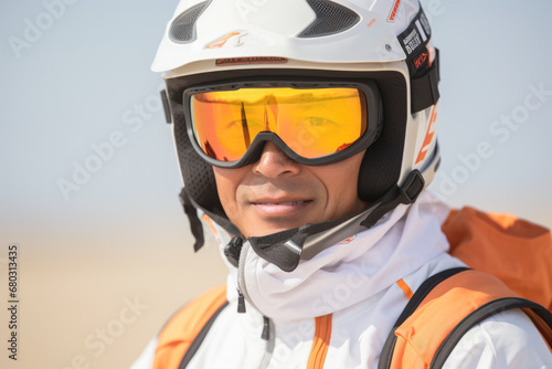 A man with a motorcycle helmet on a ride.