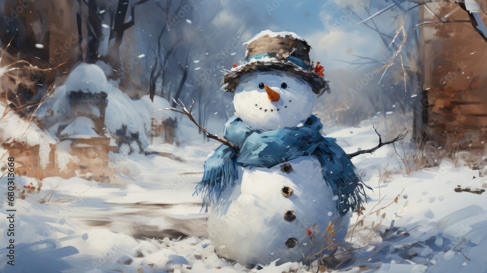 Obraz premium Winter Snowman Closeup of cute funny laughing snowman with wool hat and scarf