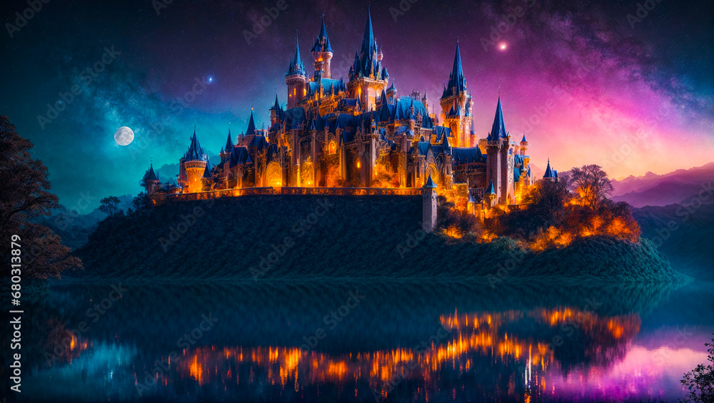 Fantastic fairytale castle, night, moon Fantastic fairytale castle, night, moon