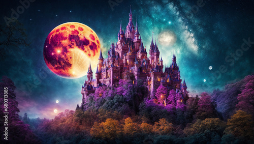 Fantastic fairytale castle, night, moon photo