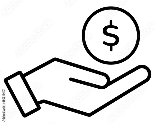 Money icon in hand palm, giving a cash. Cash collect symbol. Dollar currency, euro coin. Pictograph of money on hand for web, website or mobile app. Black linear icon, hand holding coins. PNG, Vector

