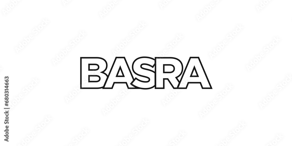 Basra in the Iraq emblem. The design features a geometric style, vector illustration with bold typography in a modern font. The graphic slogan lettering.