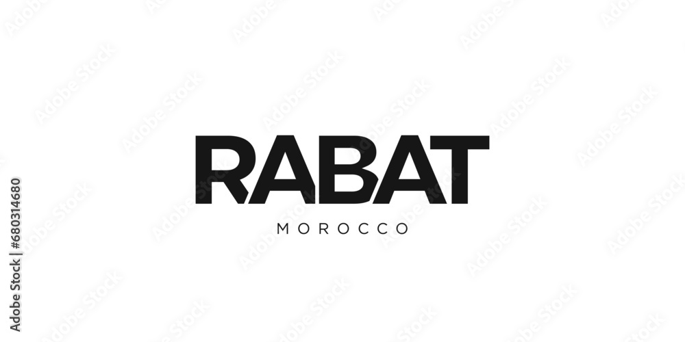 Rabat in the Morocco emblem. The design features a geometric style, vector illustration with bold typography in a modern font. The graphic slogan lettering.