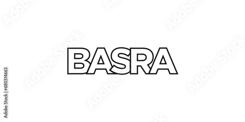 Basra in the Iraq emblem. The design features a geometric style, vector illustration with bold typography in a modern font. The graphic slogan lettering.