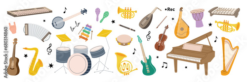 Musical instruments kit. Musical school set. Tuba, trumpet, drum flute, french horn, lute, violin, electric bass guitar, acoustic guitar.