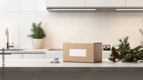 Holiday branding mockup with cardboard box and pine branch on kitchen counter. modern Christmas packaging presentation in a cozy kitchen setting.