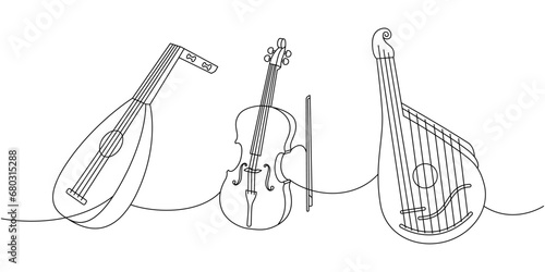 Musical instruments collection one line continuous drawing. Lute, violin, bandura continuous one line illustration. Vector linear illustration.