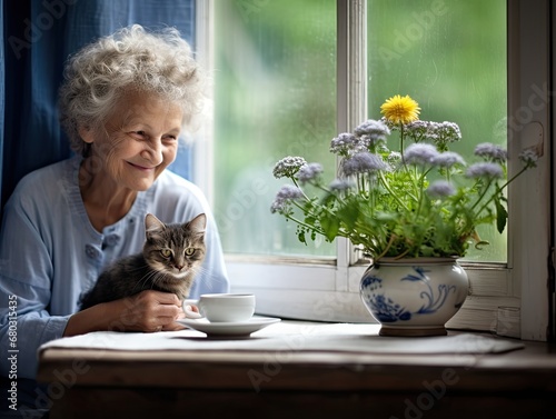 AI-generated illustration of a female senior citizen sitting at a kitchen table with her beloved cat. MidJourney.