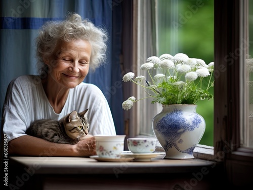 AI-generated illustration of a female senior citizen sitting at a kitchen table with her beloved cat. MidJourney.