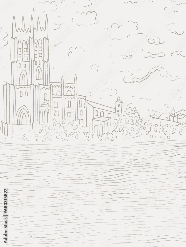 A Drawing Of A Building And A Body Of Water - Porto Portugal waterline and skyline