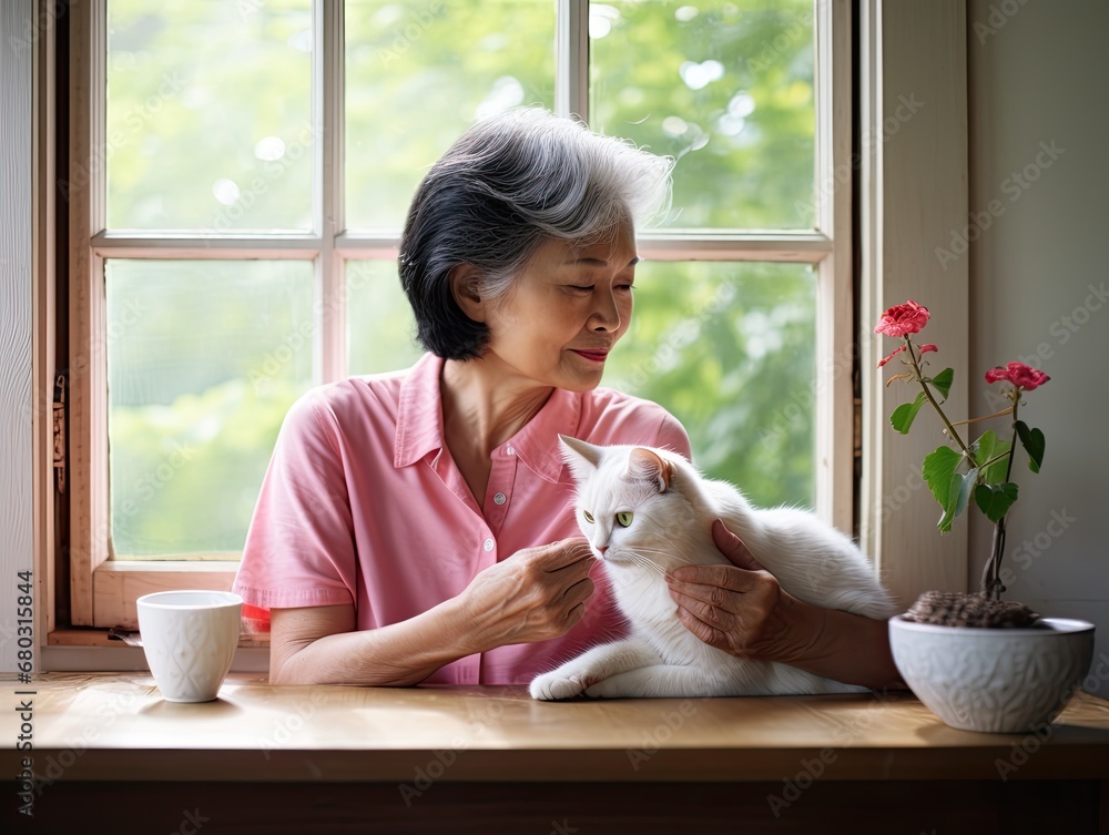 AI-generated illustration of a female senior citizen sitting at a kitchen table with her beloved cat. MidJourney. AI-generated illustration of a female senior citizen sitting at a kitchen table with her beloved cat. MidJourney.