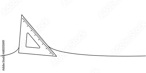 Triangle ruler, measuring tool, school supplies one line continuous drawing. Back to school continuous one line illustration.