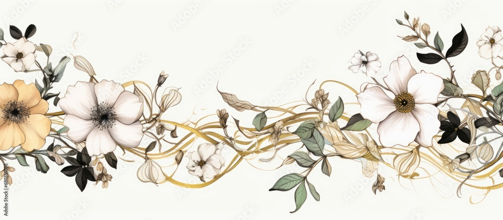 In an elegant vintage wedding, an abstract floral design adorned the white background framed by delicate gold illustrations and retro black lines. The intricate combination of white flowers, leaves - obrazy, fototapety, plakaty 