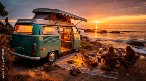 people relax next to a camper on the shore of a reservoir at sunset in which people travel as a lifestyle to gain maximum knowledge about themselves and the planet