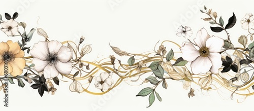 In an elegant vintage wedding, an abstract floral design adorned the white background framed by delicate gold illustrations and retro black lines. The intricate combination of white flowers, leaves