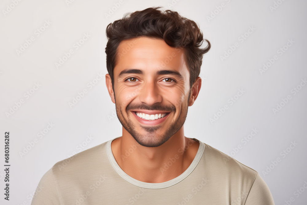 Naklejka premium Frontal portrait of smiling young man with Hispanic features with brown skin and light beard.