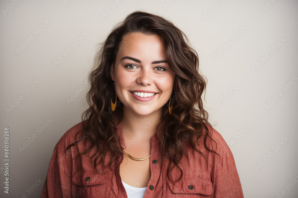 Front portrait of smiling young chubby girl with wavy brown hair and nice smile. Front portrait of smiling young chubby girl with wavy brown hair and nice smile.