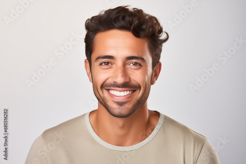 Frontal portrait of smiling young man with Hispanic features with brown skin and light beard.