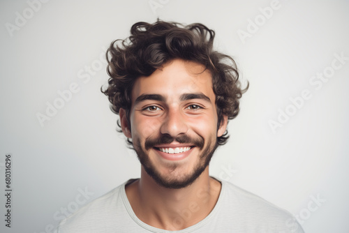 Smiling Hispanic or Latino looking young Hispanic or Latino looking frontal portrait.