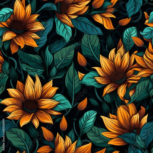 Vibrant sunflower seamless pattern with diverse sizes and colors, visually balanced composition.