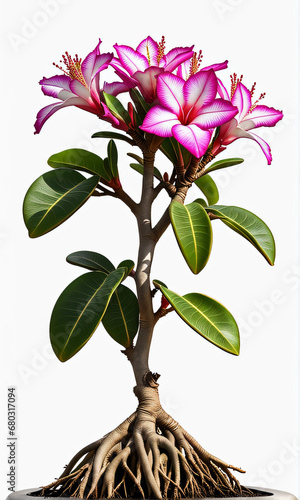 Rosa do Deserto rosa com tronco e galhos grossos e raizes. Linda flor do deserto desabrochada. Adenium