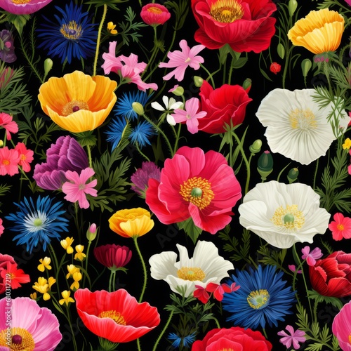 Lush and vibrant meadow flowers in full bloom  creating a stunning top view seamless pattern