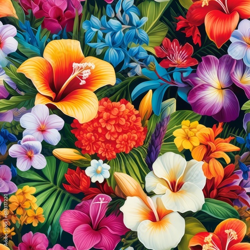 Tropical flower paradise vibrant seamless pattern with hibiscus  orchids  and frangipani