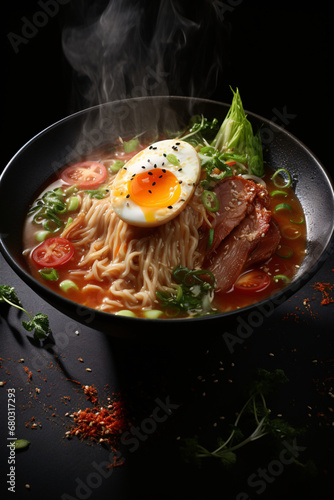 Japanese ramen noodle soup with pork, egg and vegetables on black background. Tomatoes, and greens, Broth. created with Generative AI