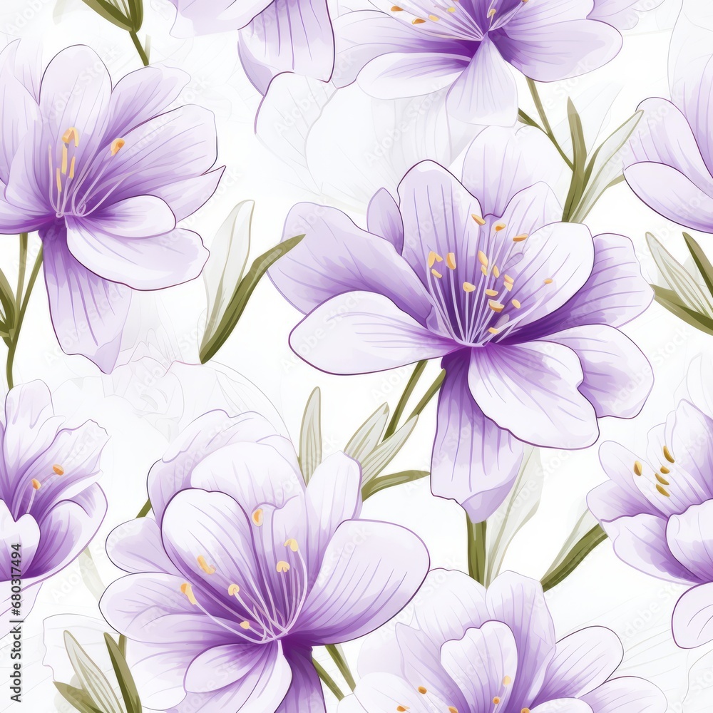 Fototapeta premium Elegant crocus flower blooms seamless pattern in top view for beautiful floral designs