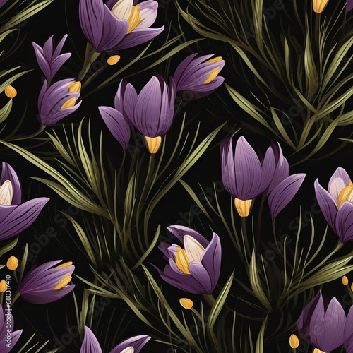 Vibrant crocus flower blooms top view seamless pattern for beautiful and captivating designs
