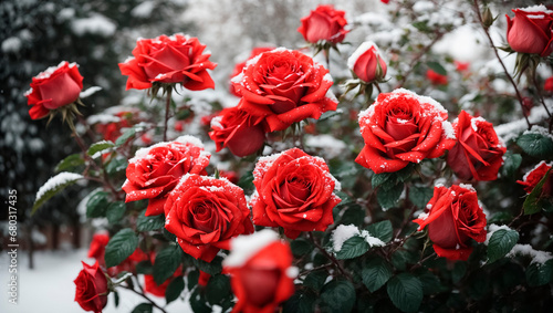 Beautiful blooming rose bushes in the garden are covered with the first snow #680317435