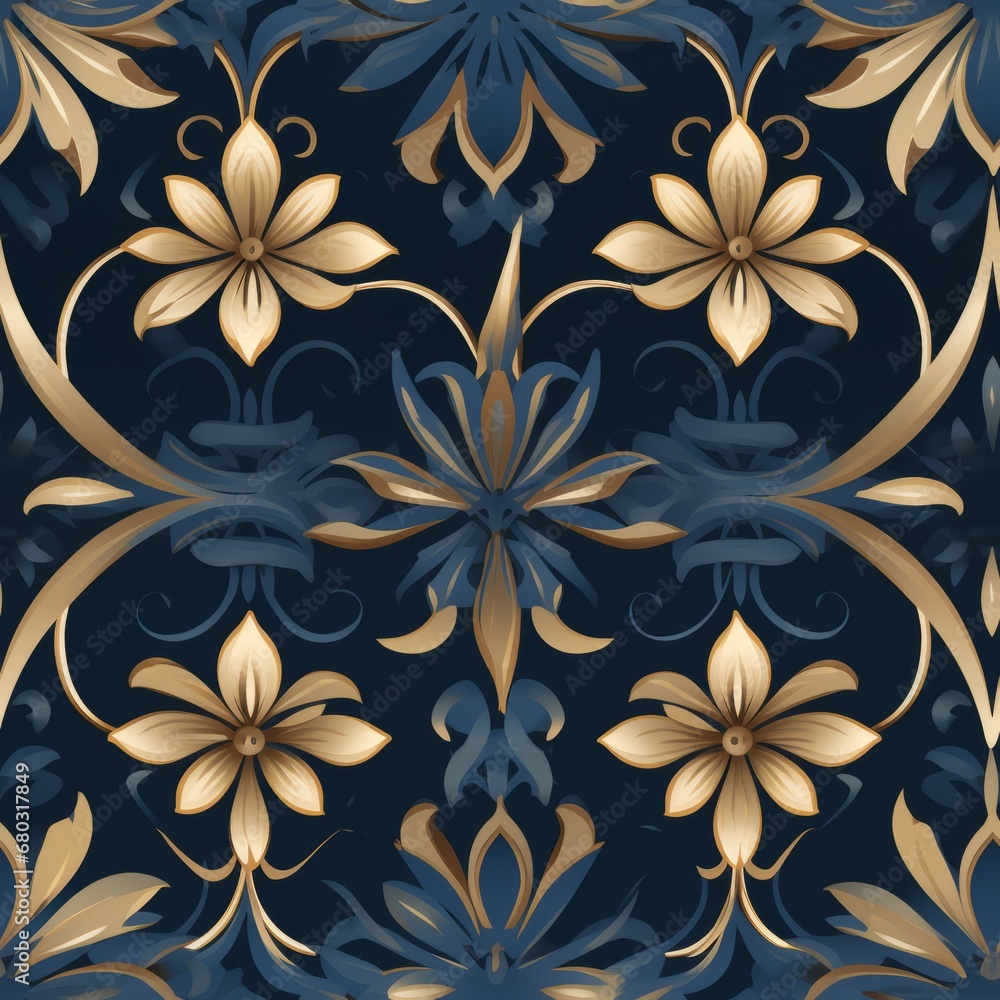 Luxurious damask seamless pattern with a stunning combination of deep blue and radiant gold colors Luxurious damask seamless pattern with a stunning combination of deep blue and radiant gold colors