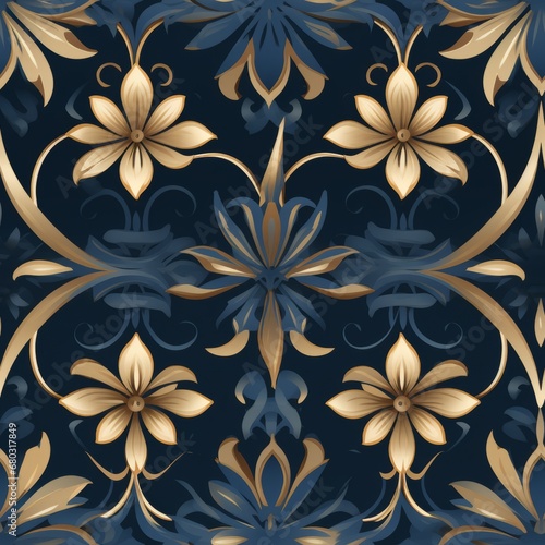 Luxurious damask seamless pattern with a stunning combination of deep blue and radiant gold colors