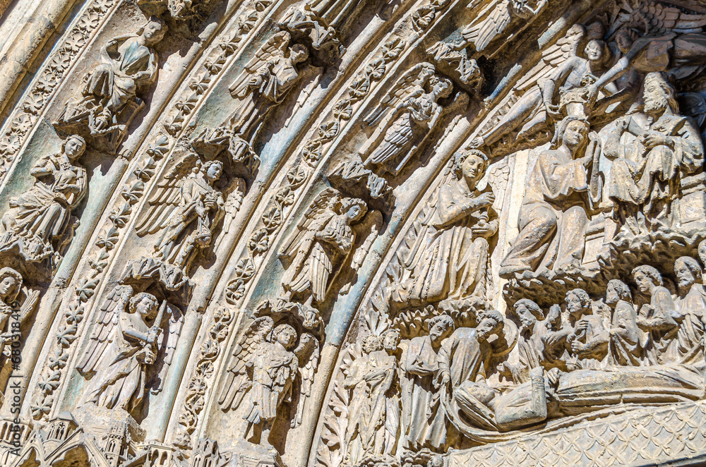 Architecture detail of the main entrance to the cathedral of Leon, Spain