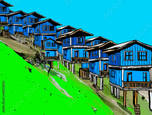 A Row Of Blue Houses On Stilts On A Hill - A row of 3D rendered houses