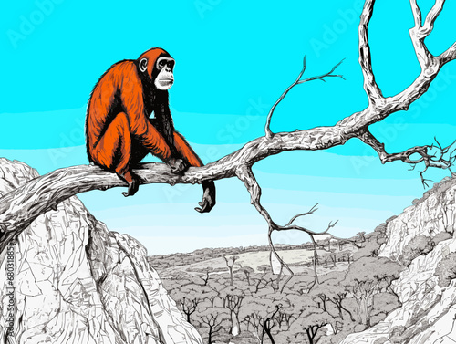 A Monkey Sitting On A Branch - Alone adult chimp sitting on a cliff and thinking