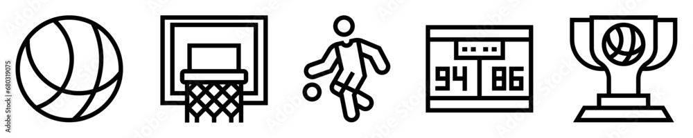 Conjunto de iconos de baloncesto. Deporte. Balón de baloncesto, canasta de anotación, cesta, jugador, tablero, trofeo de campeonato. Ilustración vectorial Conjunto de iconos de baloncesto. Deporte. Balón de baloncesto, canasta de anotación, cesta, jugador, tablero, trofeo de campeonato. Ilustración vectorial